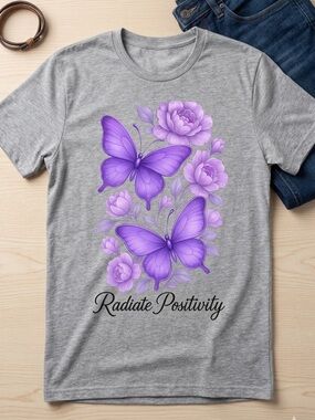 Radiate Positivity Women's Gray Tee with Purple Butterfly Design
